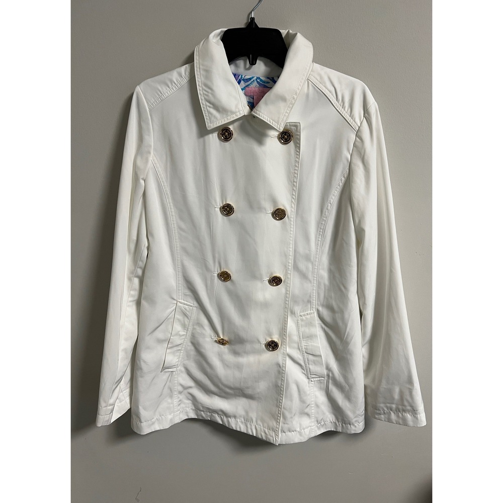 Lilly Pulitzer White Double Breasted Trench Jacket L Gold Buttons Style 22879